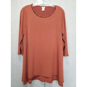 Chico's Copper Brown Cut-Out Neckline Gold Bead Accent Short Sleeve Tunic 1 MED